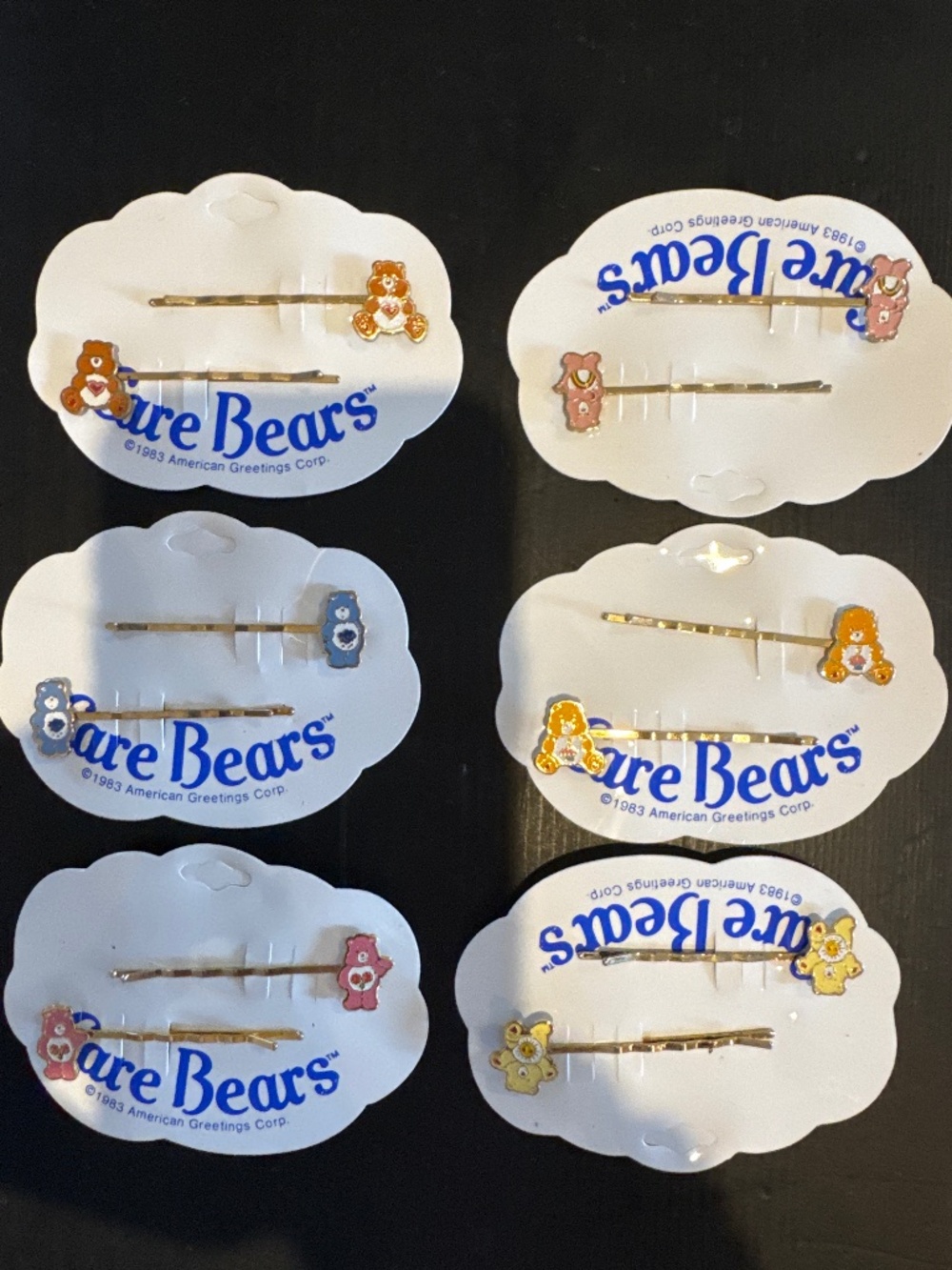 Complete set of 6 vintage Care Bear Bobby pins